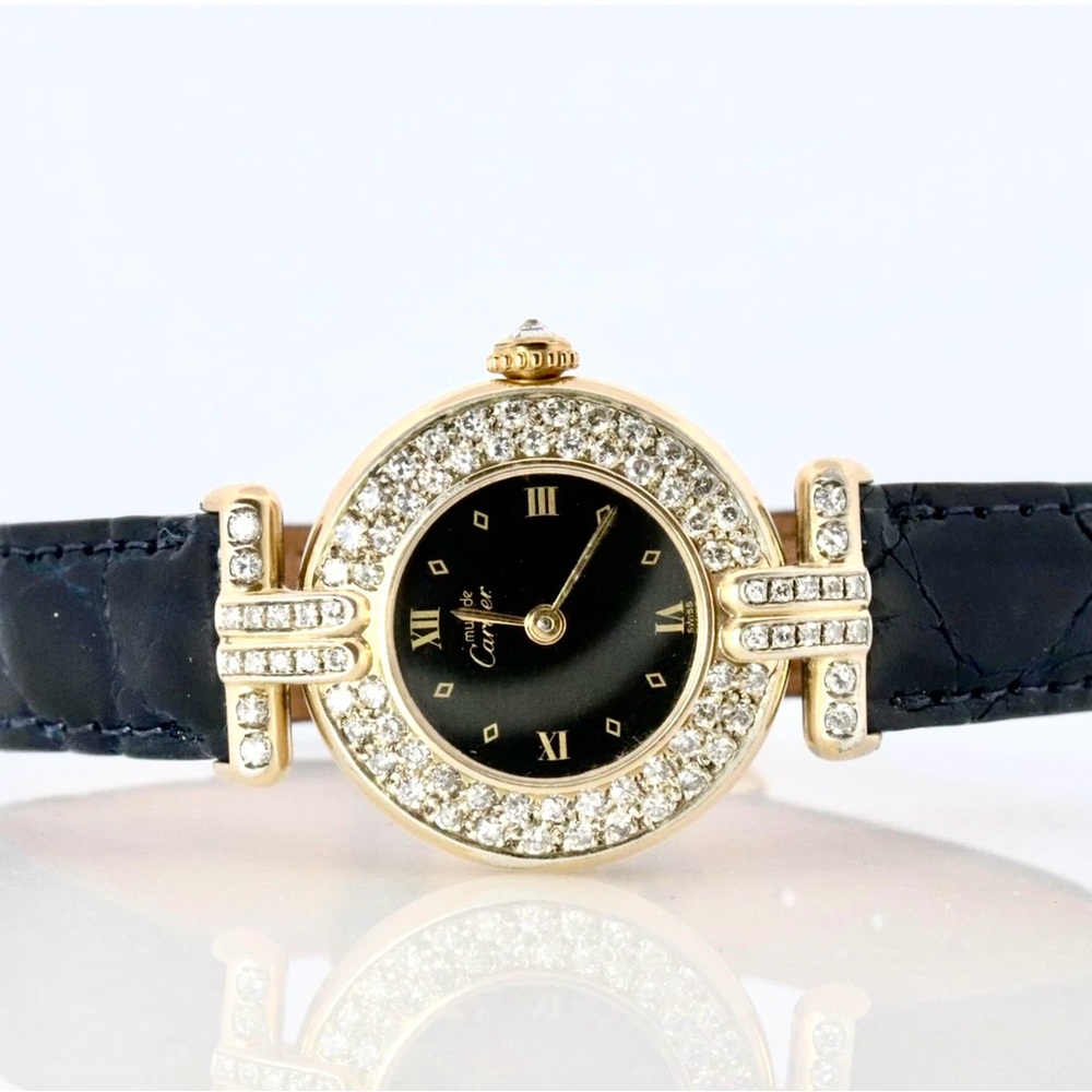 CARTIER VERMEIL COLISEE Quartz 24mm GP Silver 1TCW DIAMOND Black Dial Watch